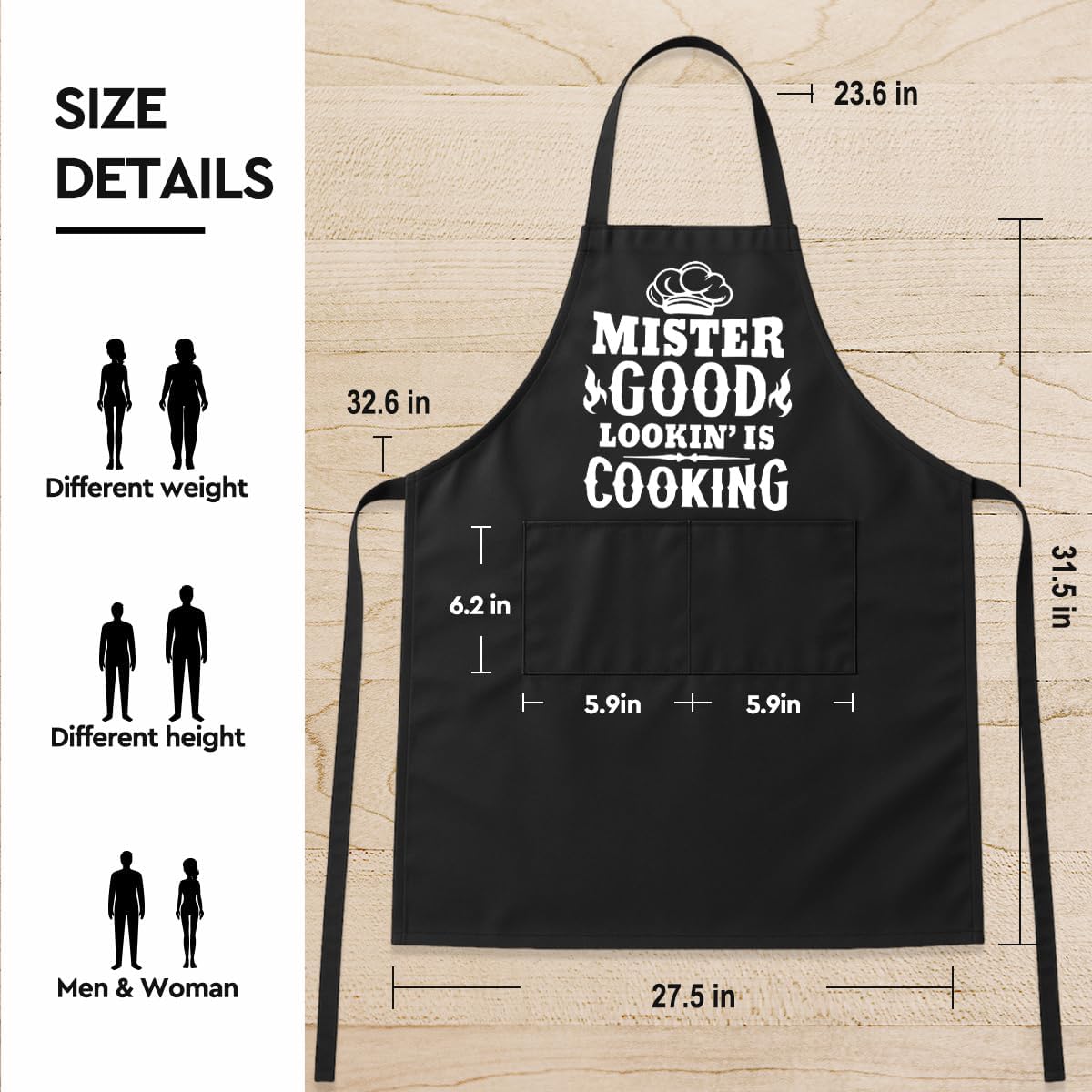 Delantal cocina negro con bolsillos para hombre chef