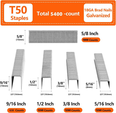 Grapas T50 5400uds 5 tamaños clavos Brad galvanizado pack