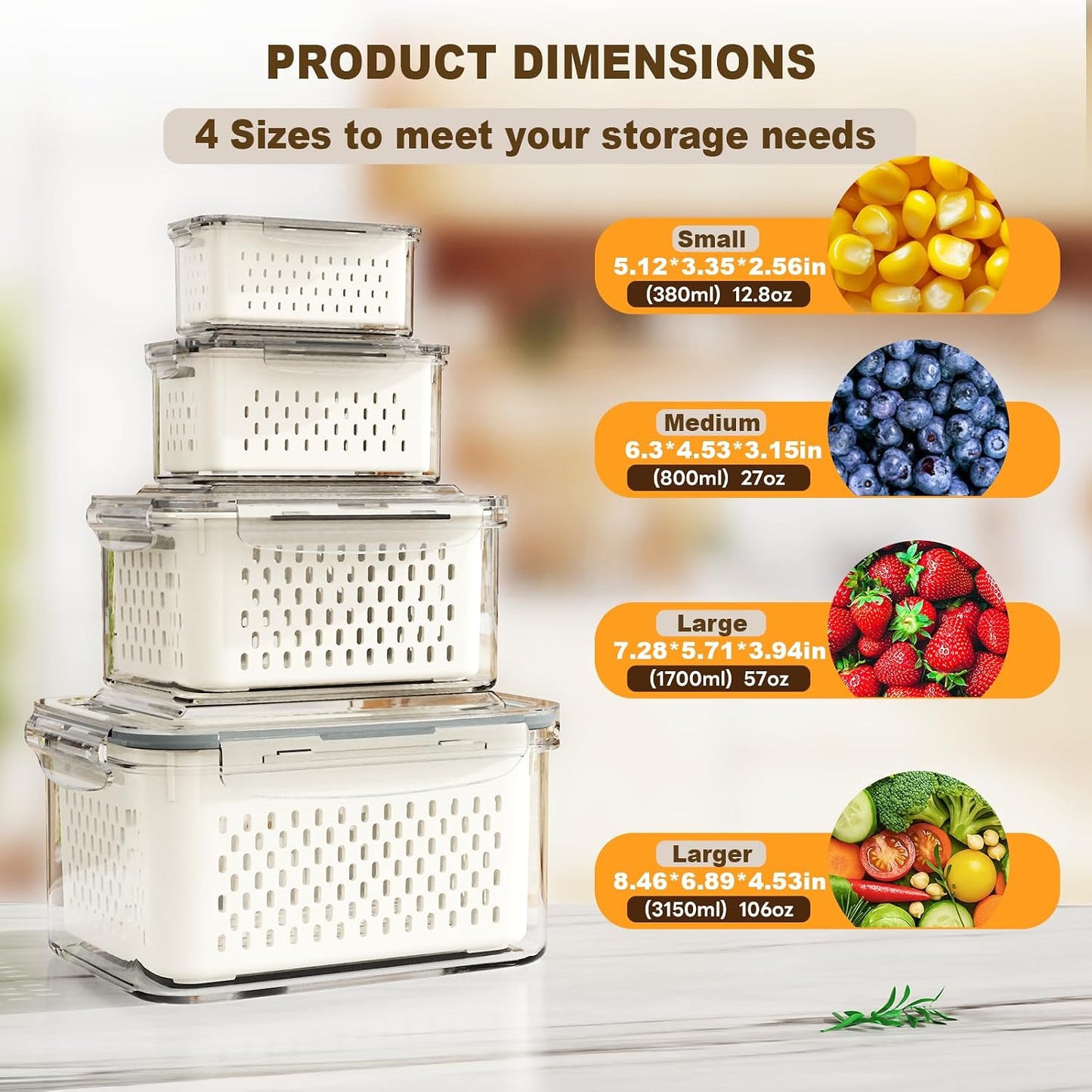4 Recipientes Almacenamiento Frutas con Cesta Drenaje