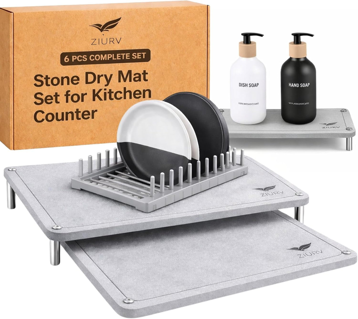 6 Alfombrillas piedra secado encimera cocina con patas acero inox