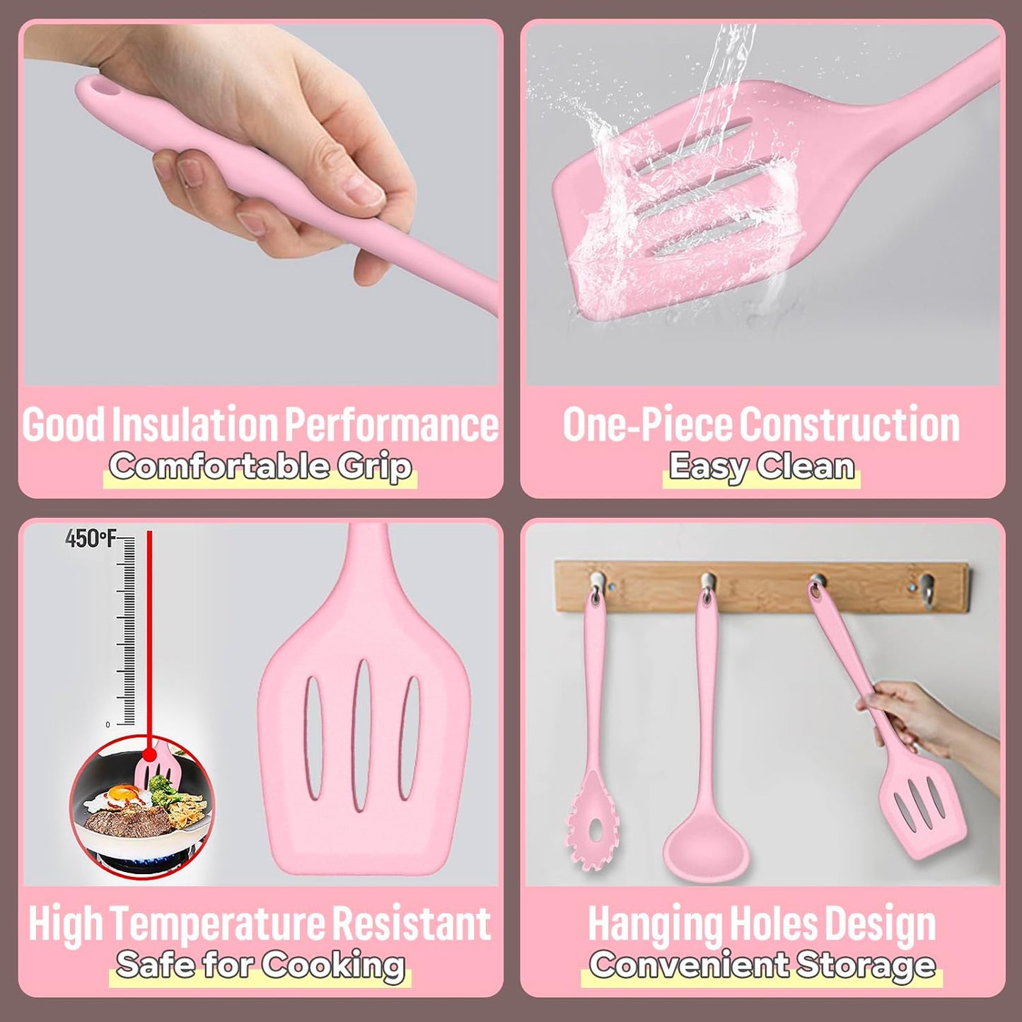 Set 7 Pzas Utensilios Silicona Rosa Antiadherente Cocina
