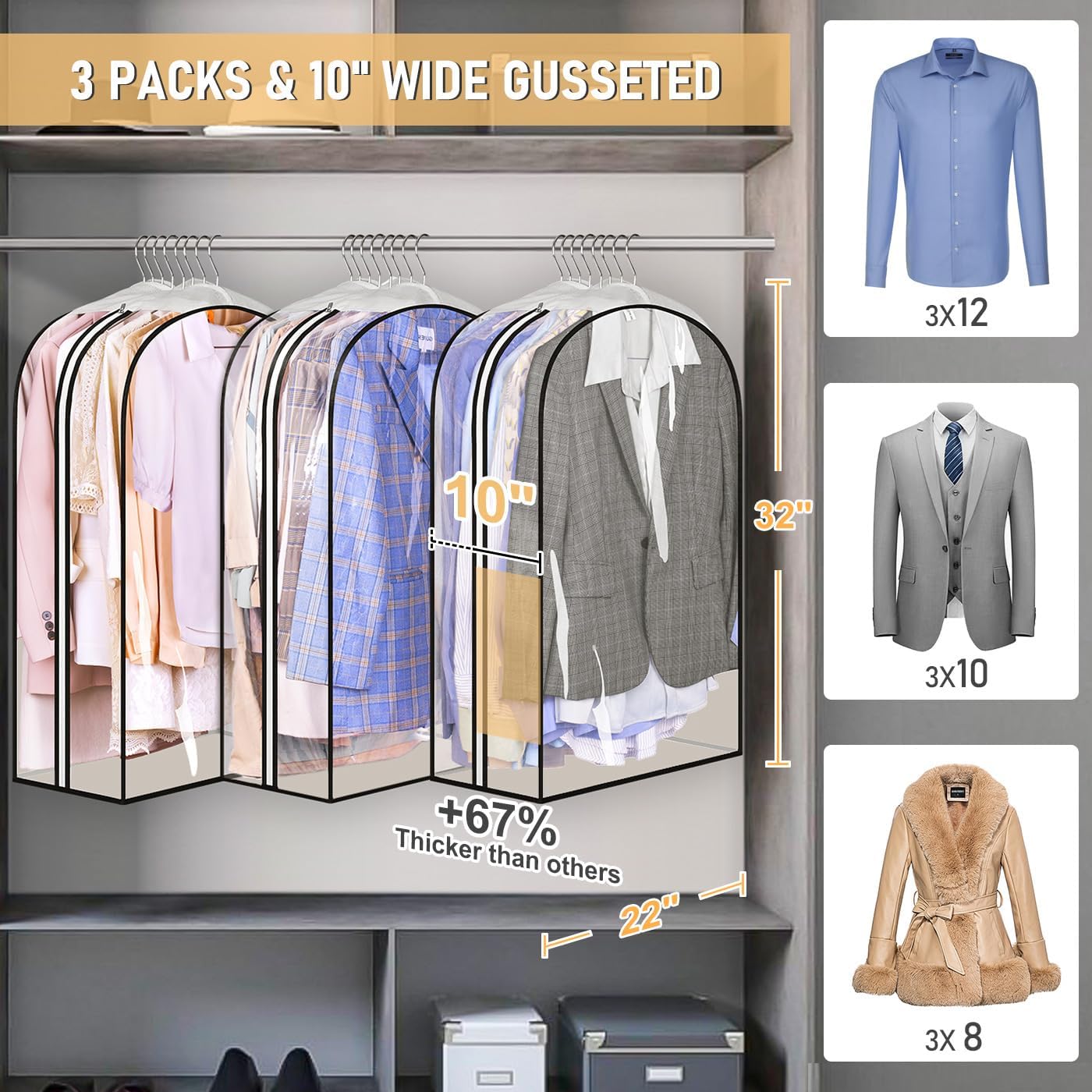 Bolsas colgar ropa transparente 32" y 10" reforzadas 3 Pzas