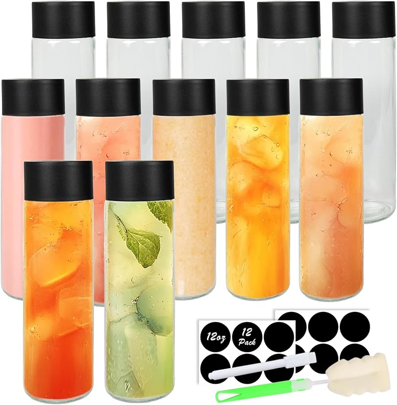 12 Botellas Vidrio 12oz Tapas Negras Recipientes Reutilizables