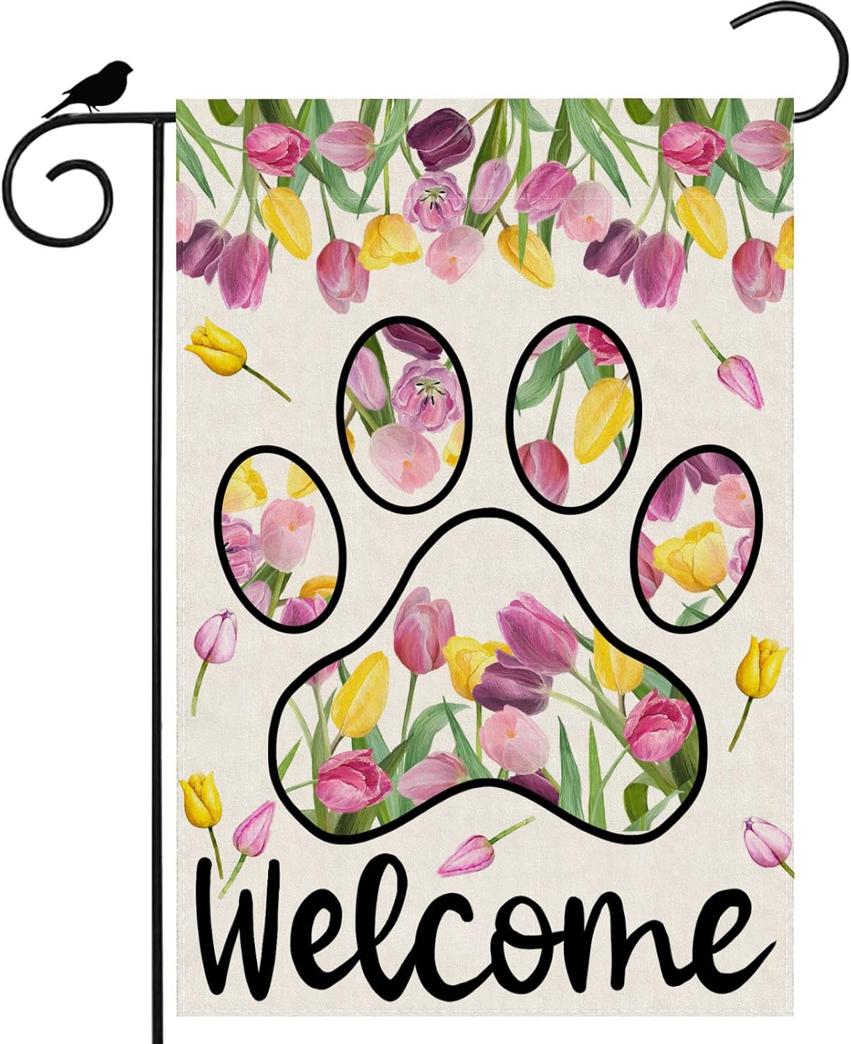 Bandera bienvenida perro tulipanes 12x18pulg doble cara