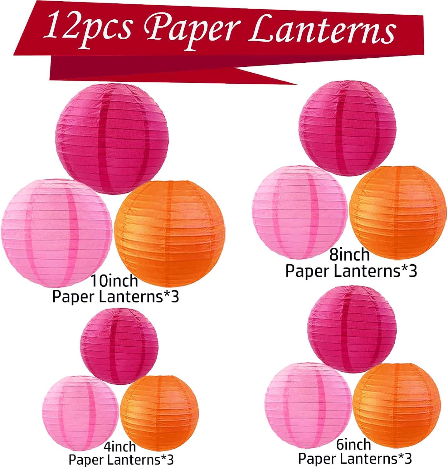 12 Faroles papel rosa intenso naranja colgantes fiesta boda