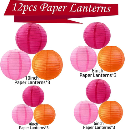 12 Faroles papel rosa intenso naranja colgantes fiesta boda