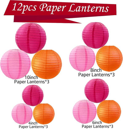 12 Faroles papel rosa intenso naranja colgantes fiesta boda