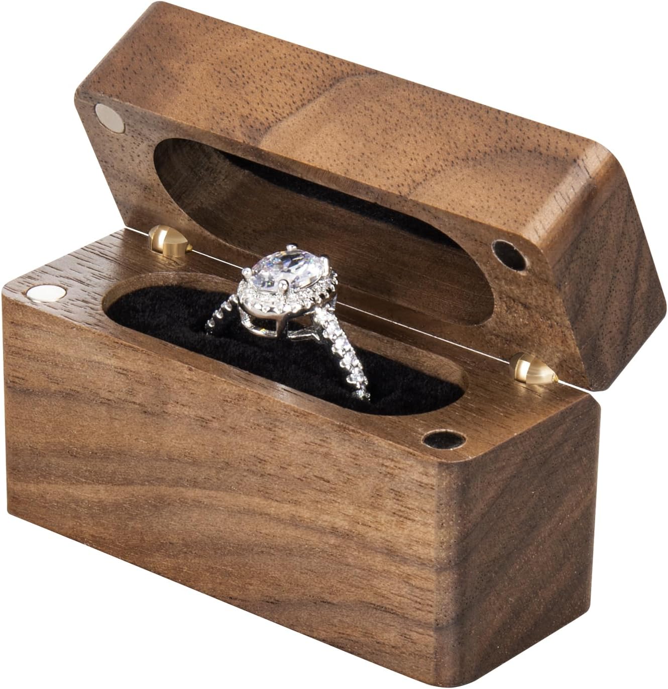 Caja madera nogal para anillo compromiso y joyas
