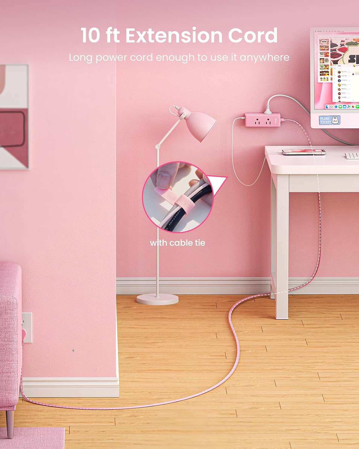 Cable extensión rosa 10ft 6 salidas 3 puertos usb soporte pared