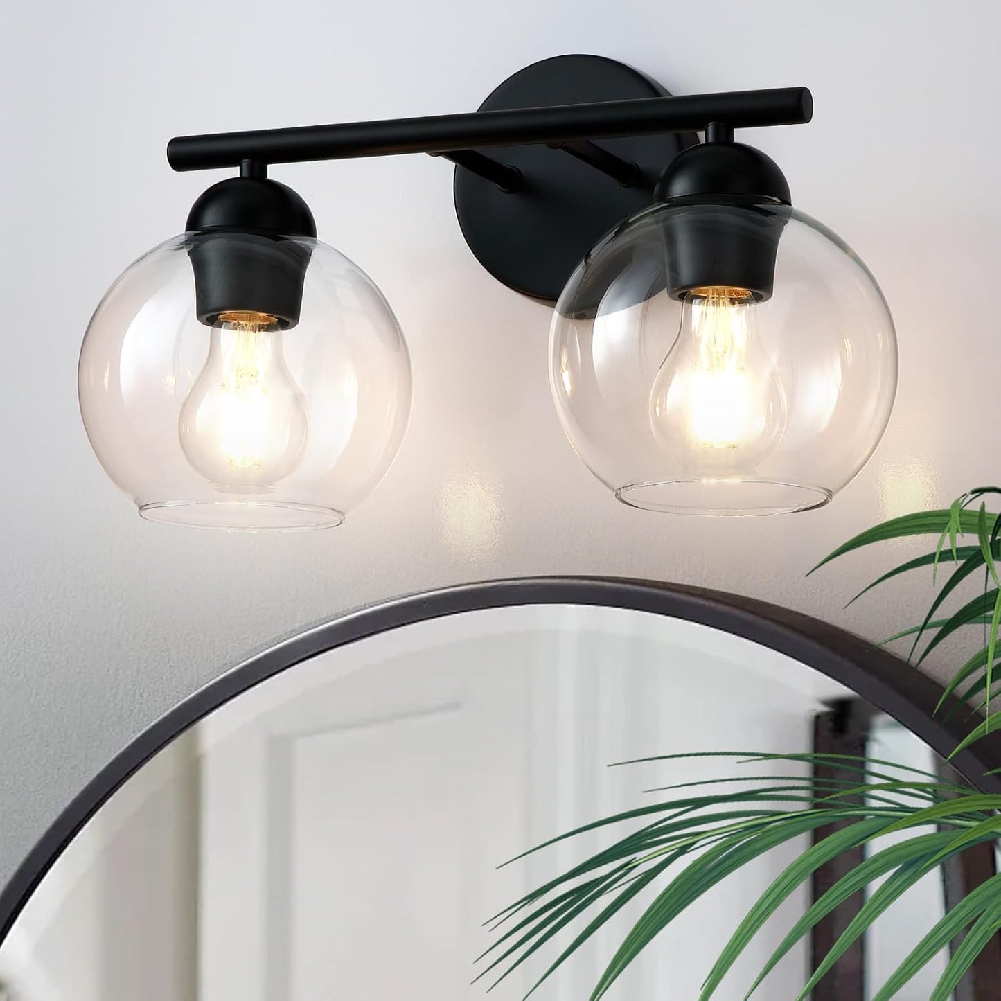 Lámpara baño negro 2 luces vidrio globo moderna