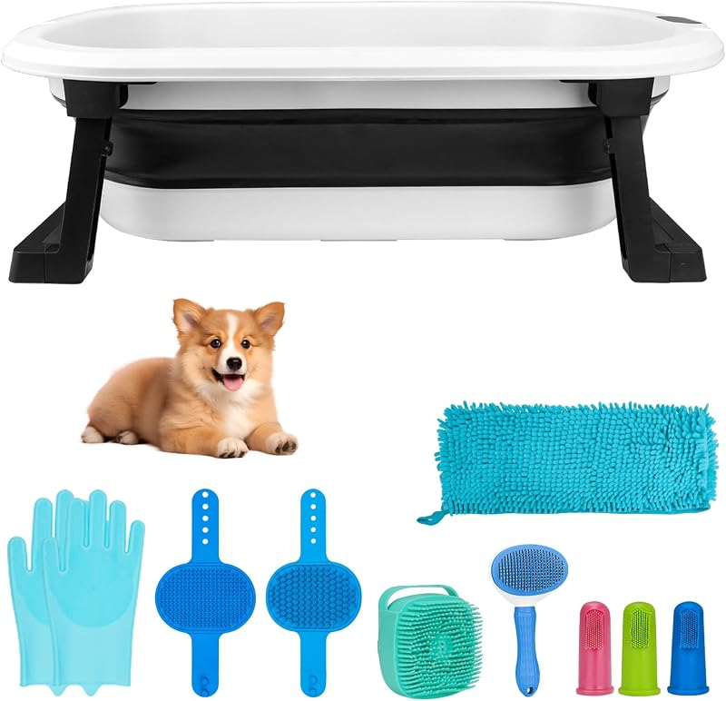 Kit baño perro bañera plegable cepillo champú toalla
