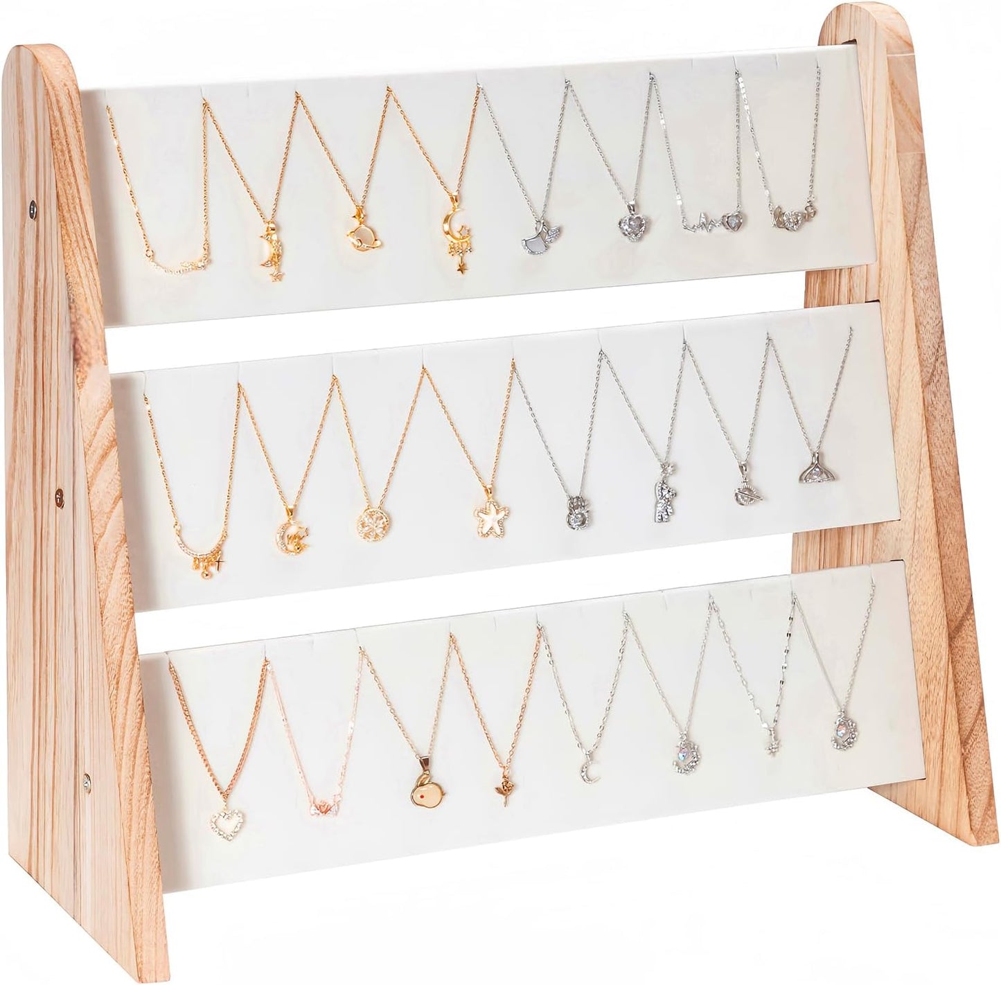 Soporte 3 niveles madera terciopelo blanco para joyas