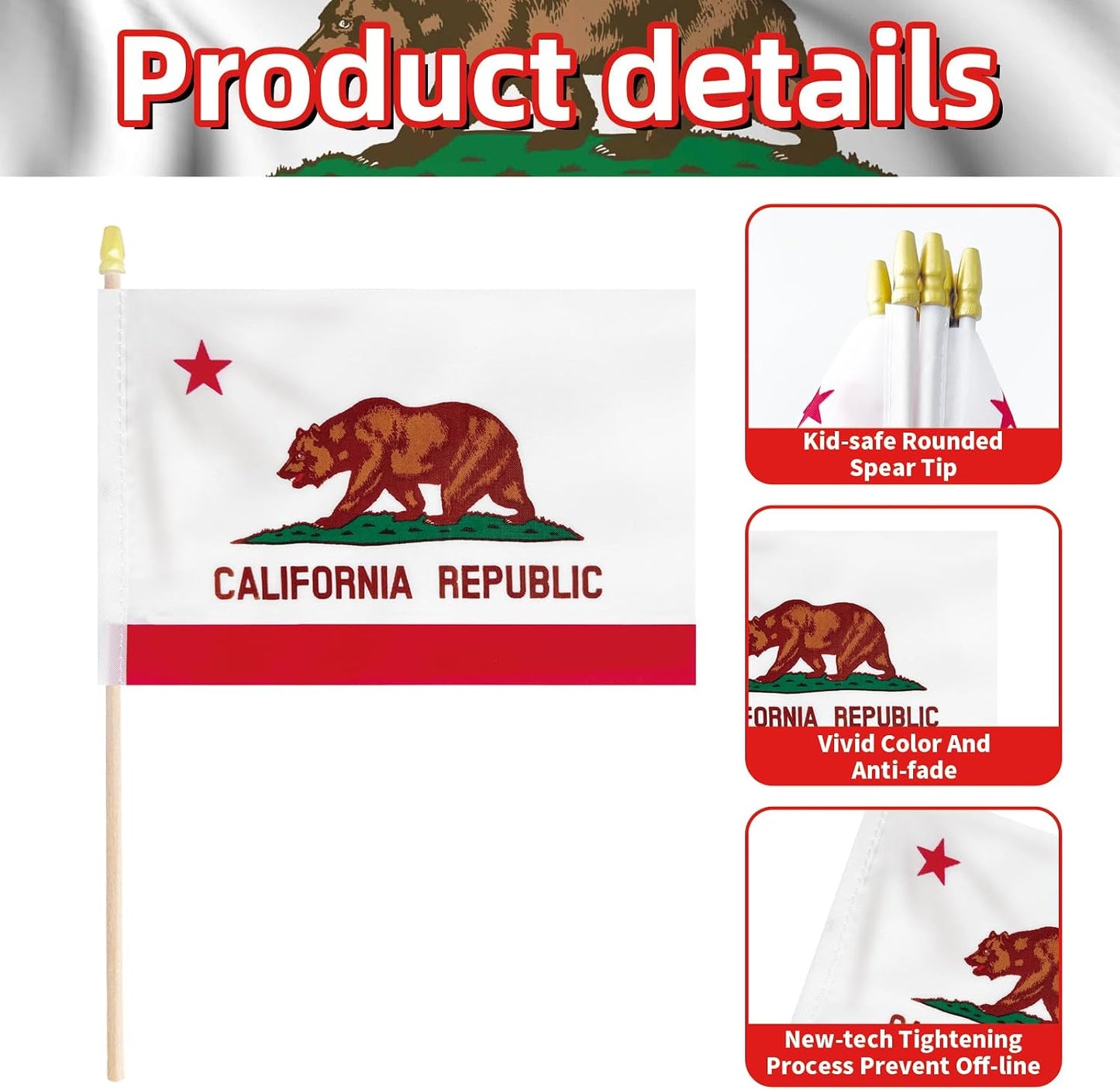 20 Banderas California 5x8" en palo madera