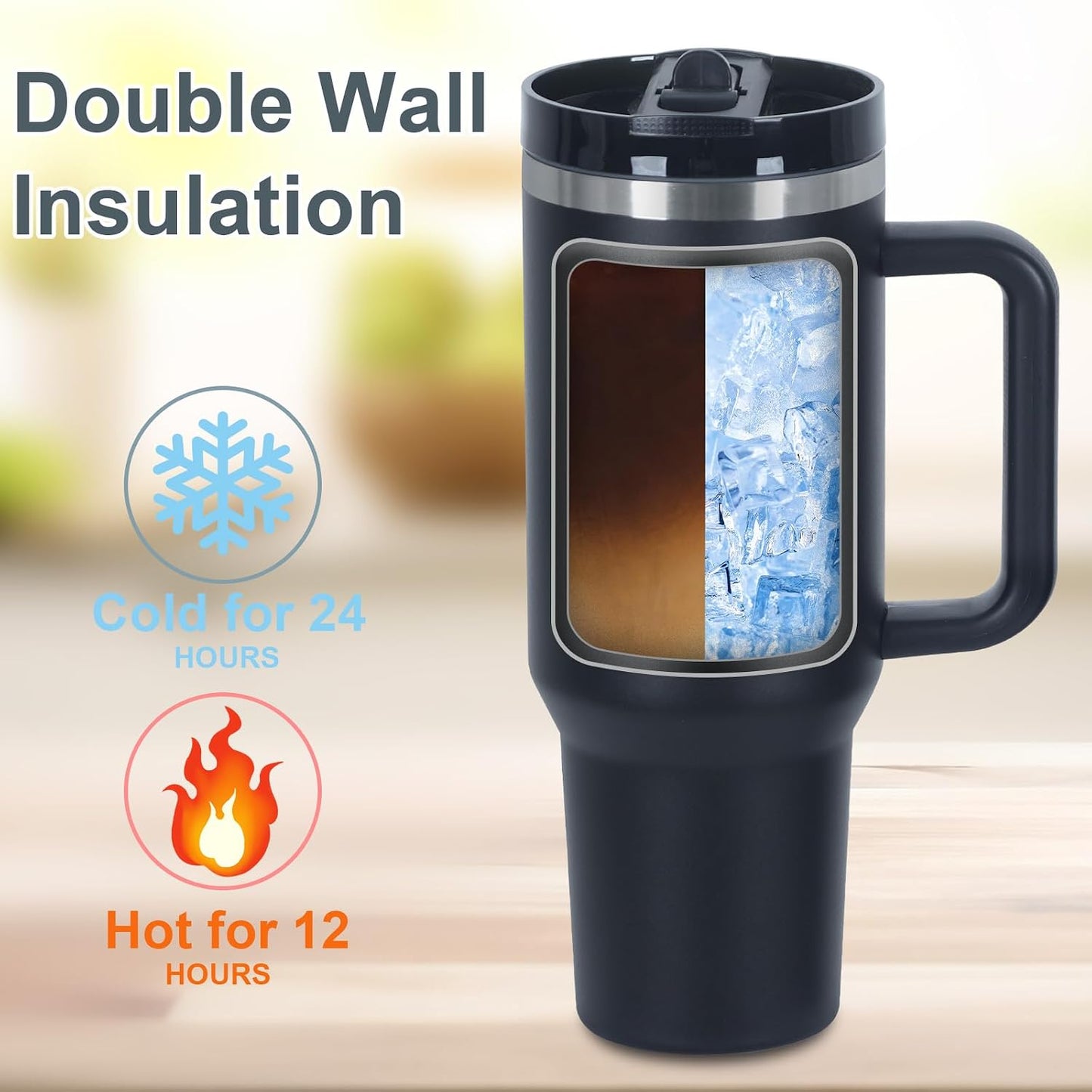 4 Vases 40oz con asa tapa abatible popote aislado negro