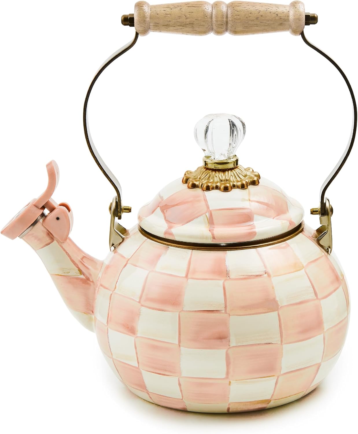 Tetera silbante esmaltada rosa y blanco con cuadros