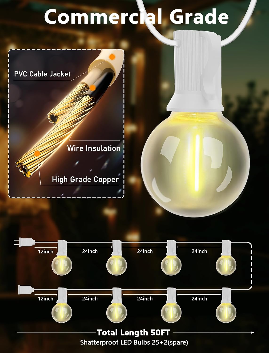 Tira luces G40 50ft impermeables patio 27 LED 2 repuesto
