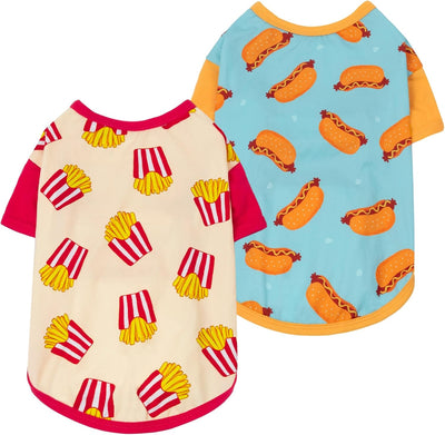 2 Camisas Perros Calientes y Papas Fritas Beige Azul Mediano