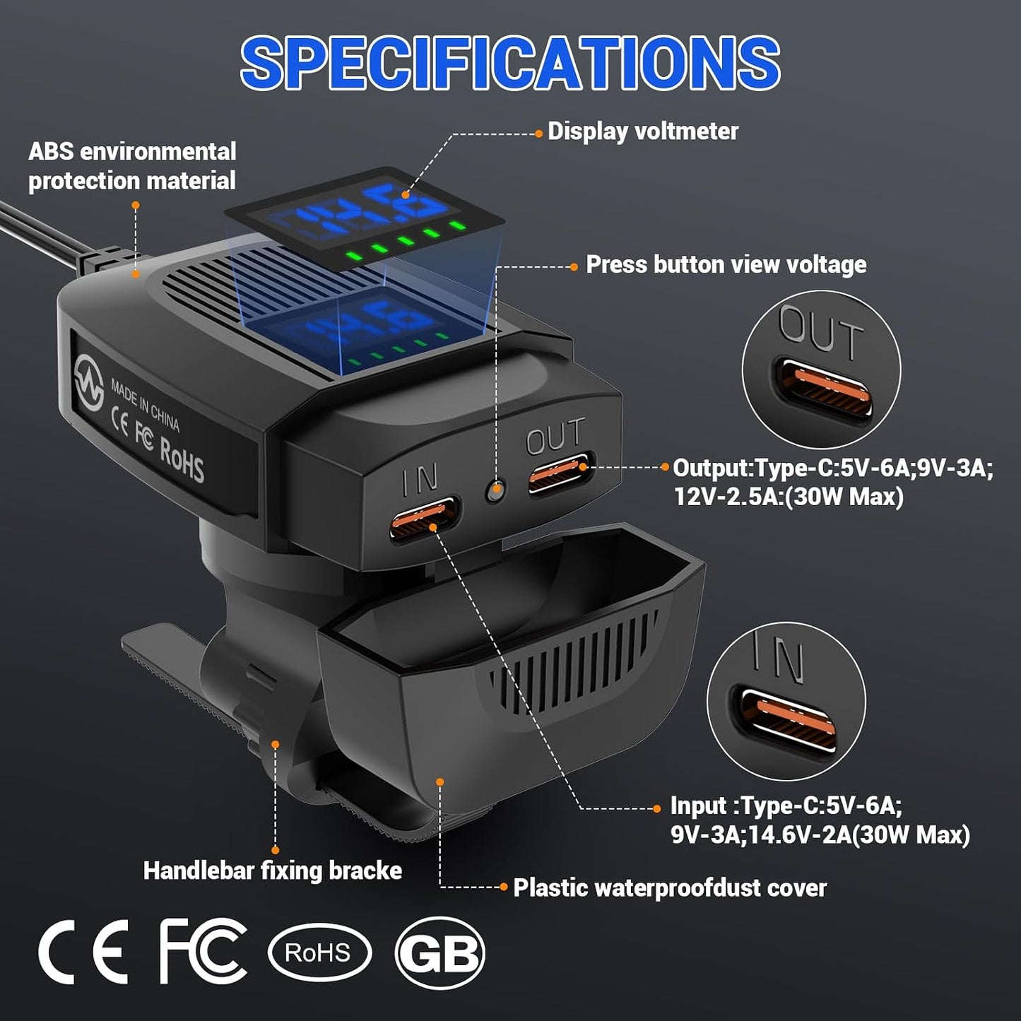 Cargador USB C motocicleta 30W carga inversa 12V