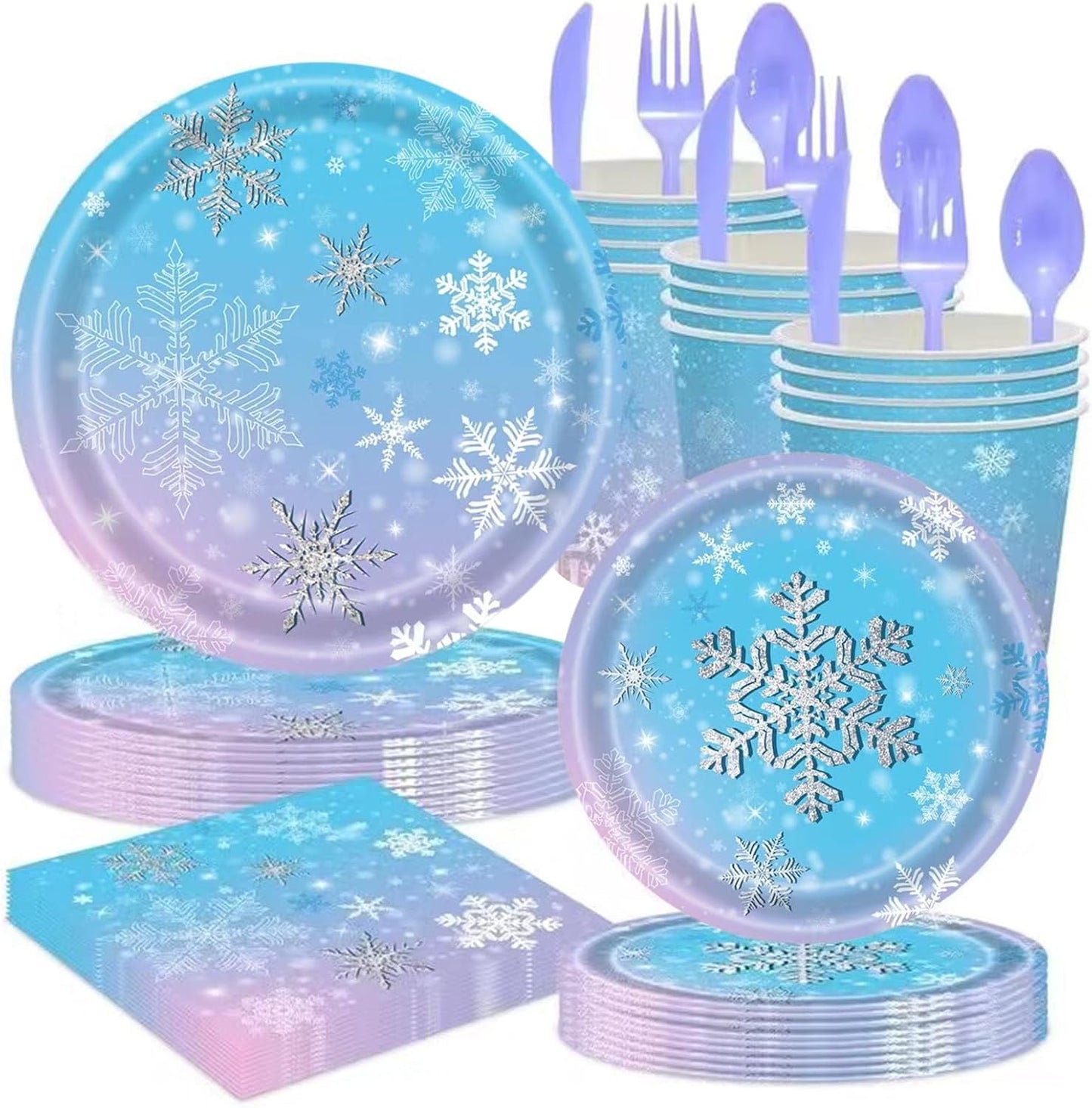Vajilla copo de nieve 140 pzas platos servilletas vasos cubiertos