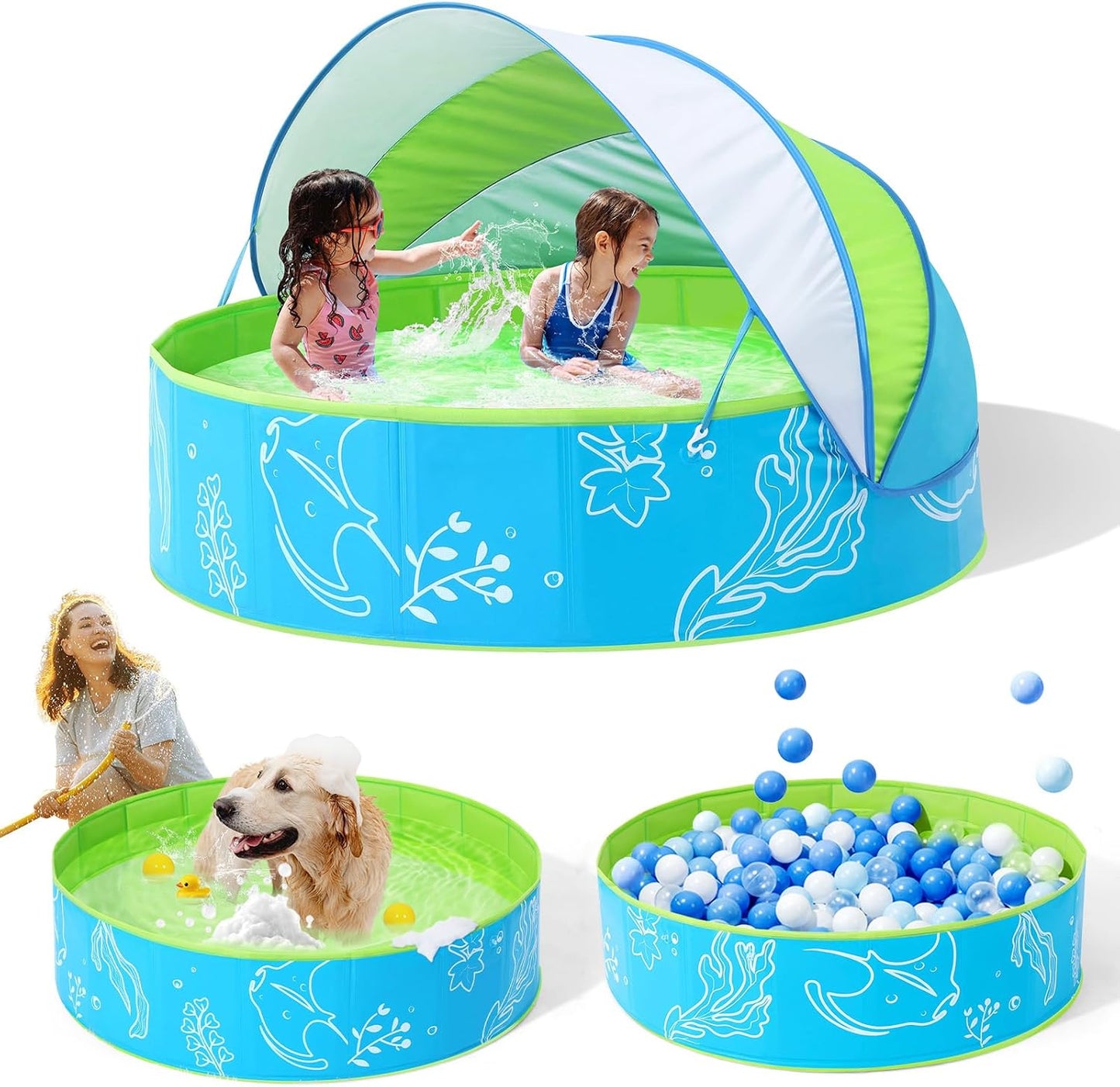 Piscina plegable para niños 47pulg con dosel azul-verde