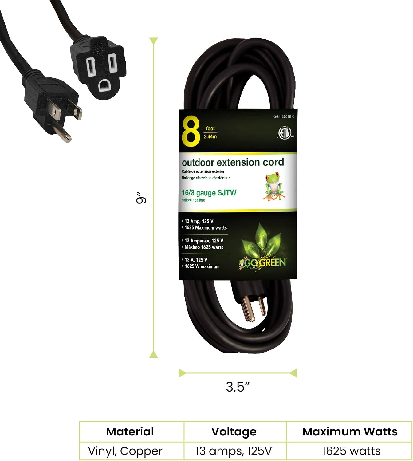 Cable extensión 16/3 SJTW exterior negro 8ft