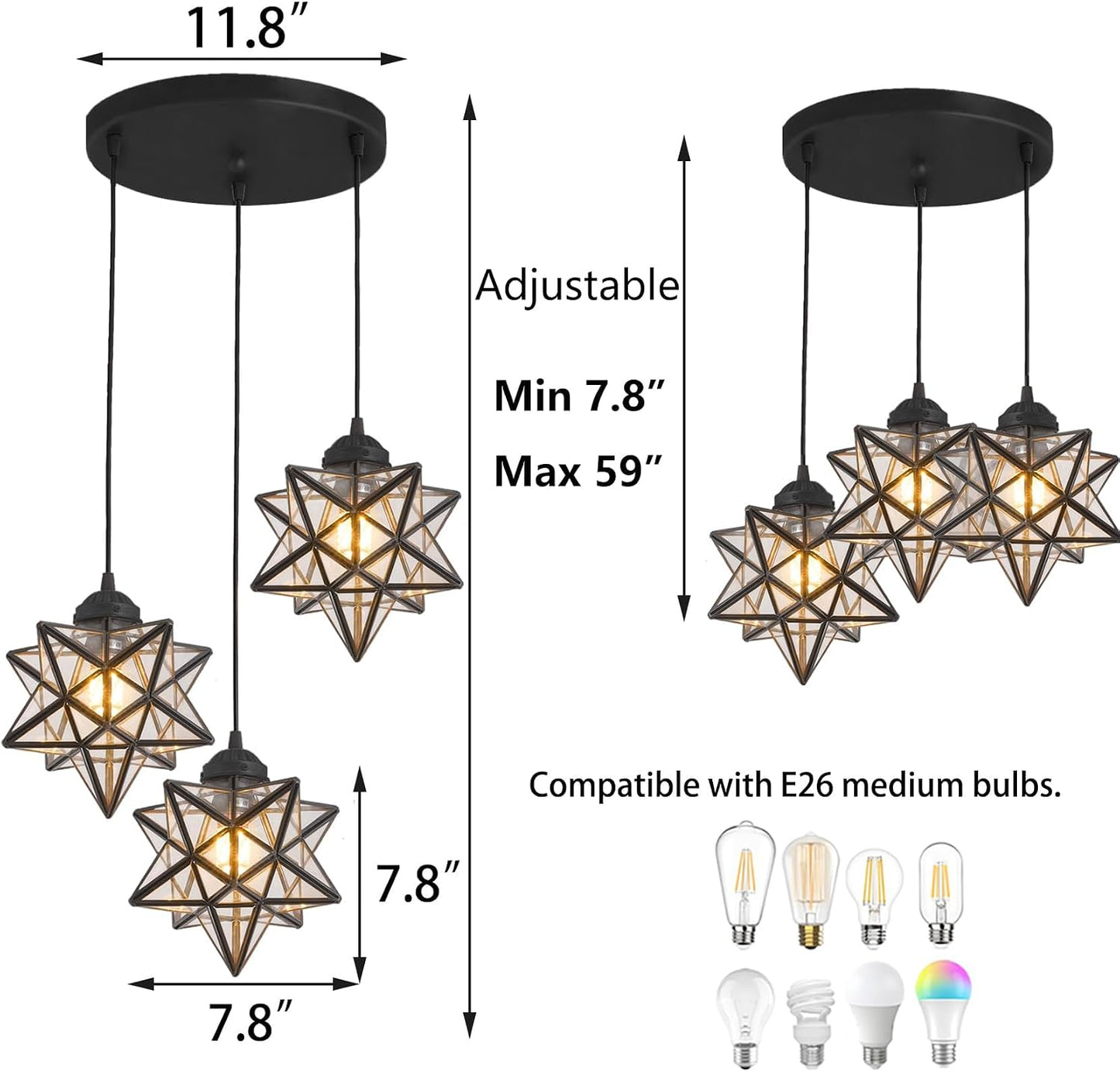 Lámpara araña rústica colgantes cristal estrella negro