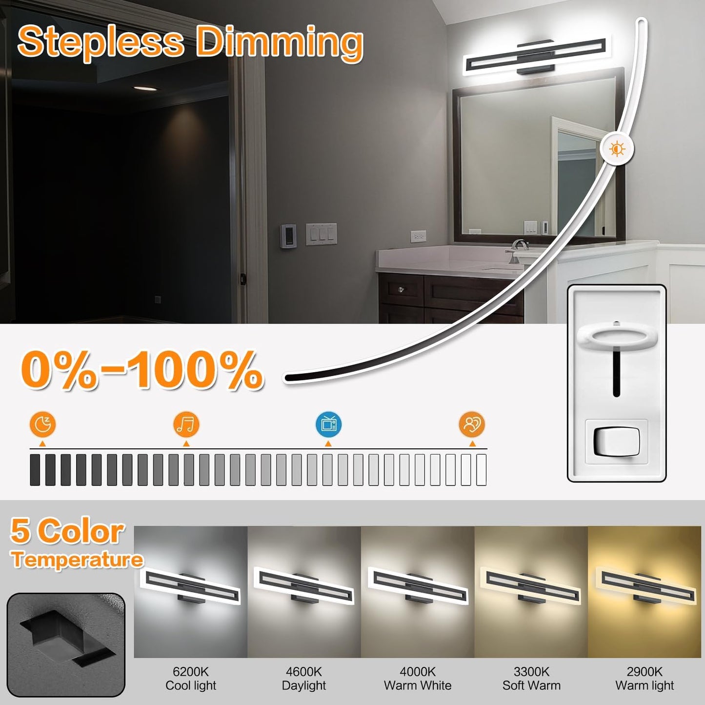 Barra luz led tocador 24pulg 5cct negra
