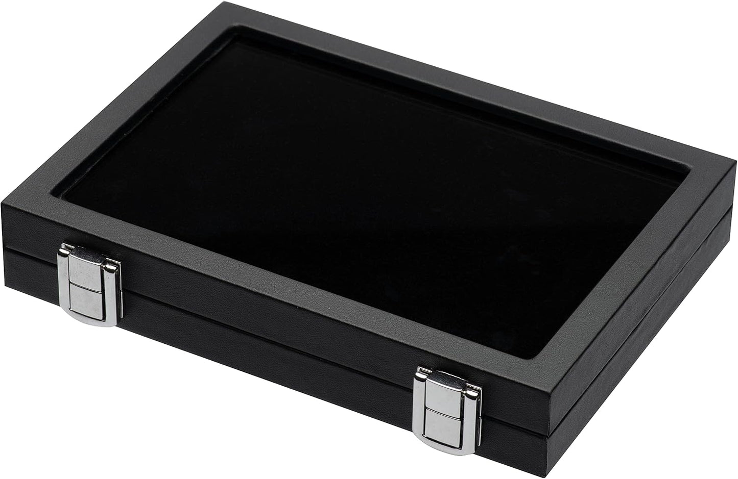 Vitrina joyas vidrio templado cuero negro cierre metal