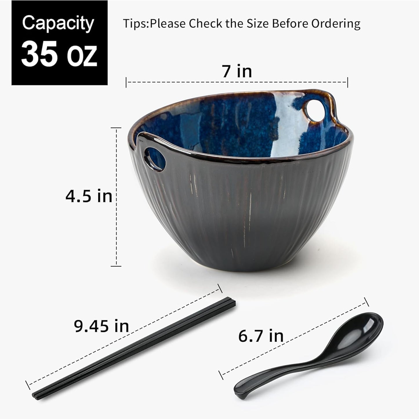 Set 2 Tazones Ramen Cerámica 7pulg con Palillos y Cucharas