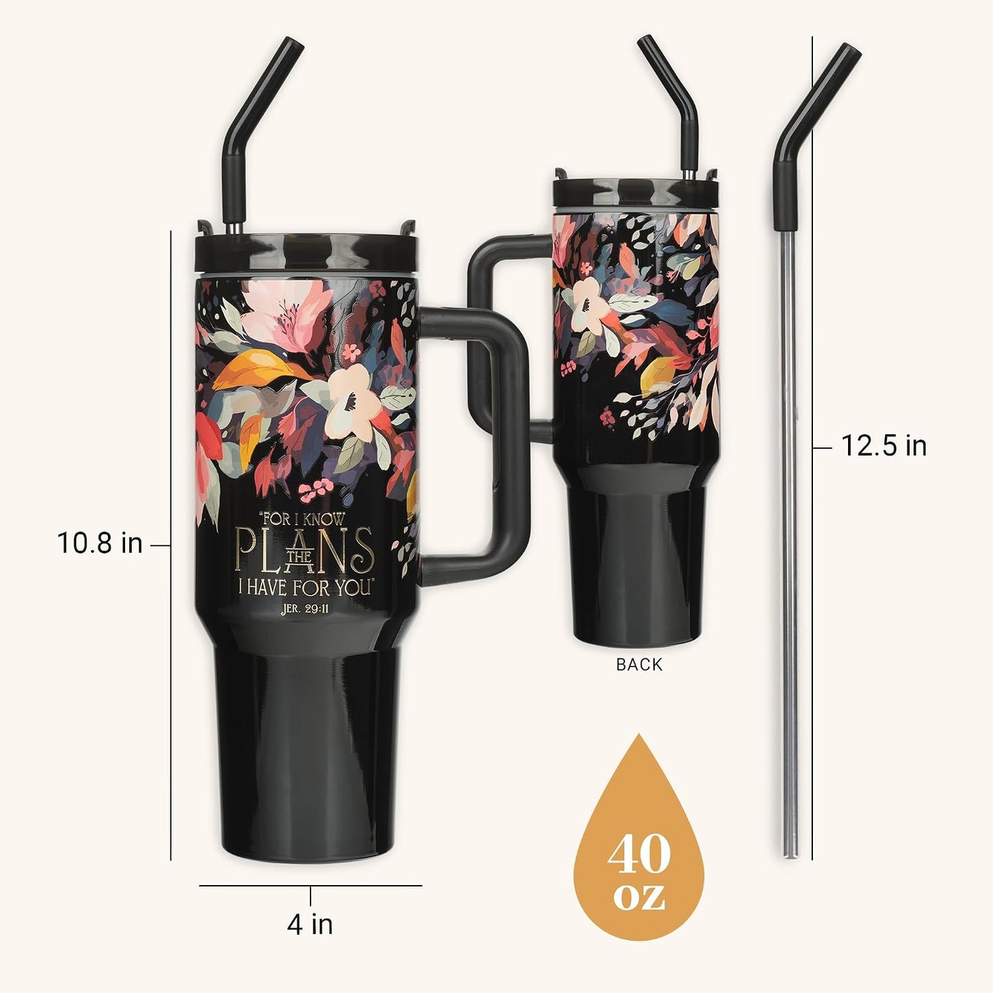 Vaso acero inox 40oz con tapa pajita mango negro flor