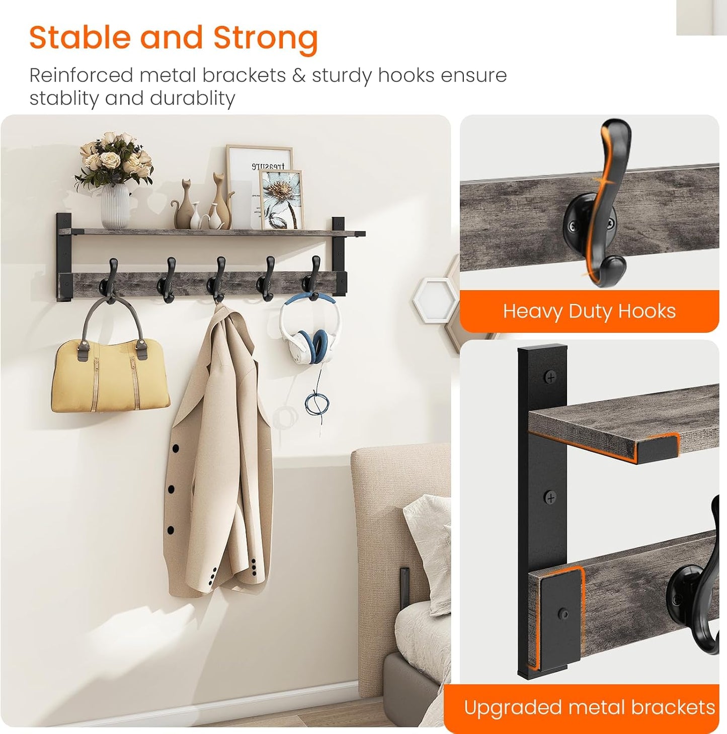 Perchero pared madera 29pulg con ganchos 5 perchas gris