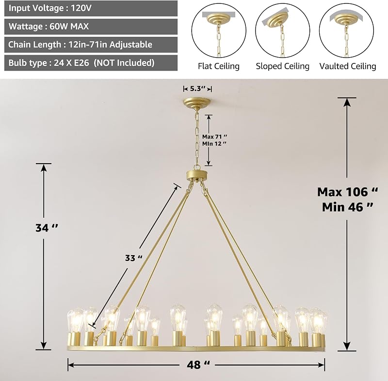 Candelabro rueda vagón dorado 48" 24 luces estilo granja