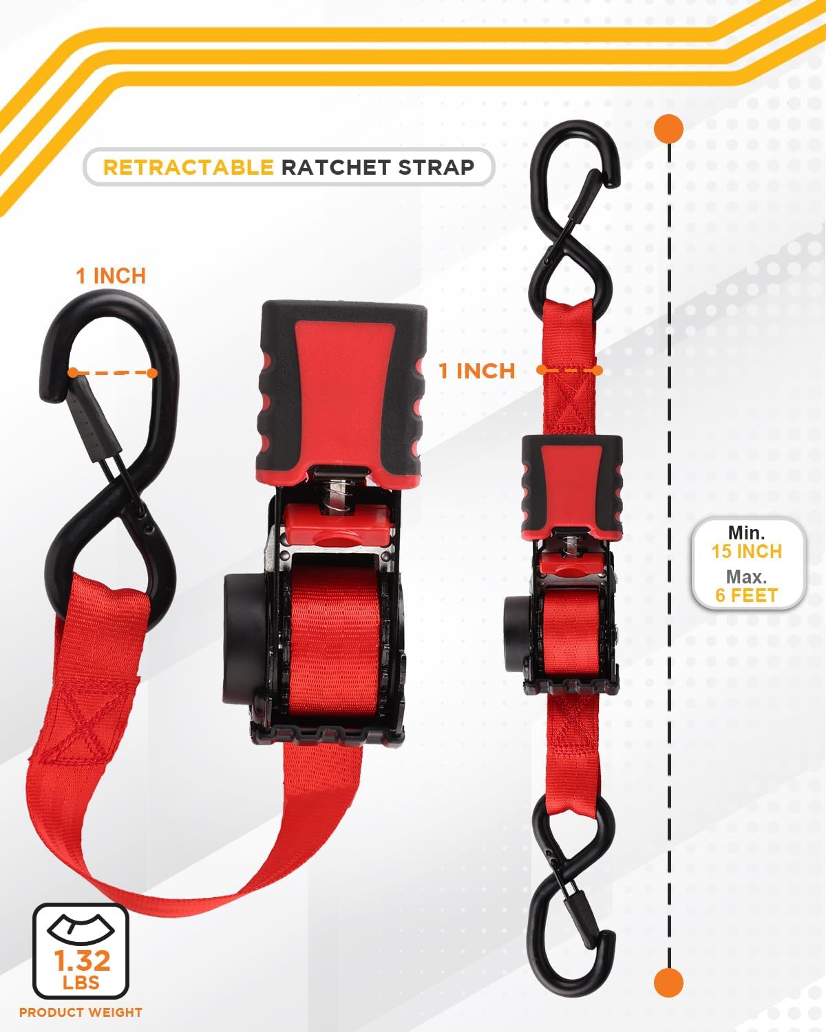 4 Correas Retráctiles 1pulg x6ft Mango Acero Goma Ganchos S 1500lb