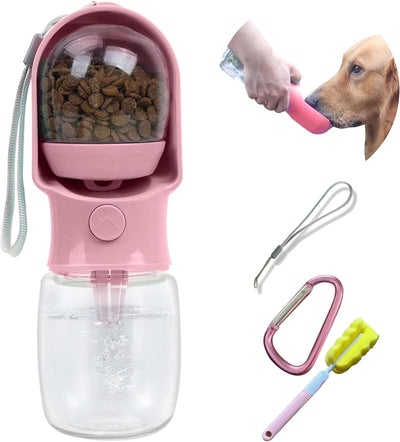 Botella agua perro con recipiente alimento y cepillo