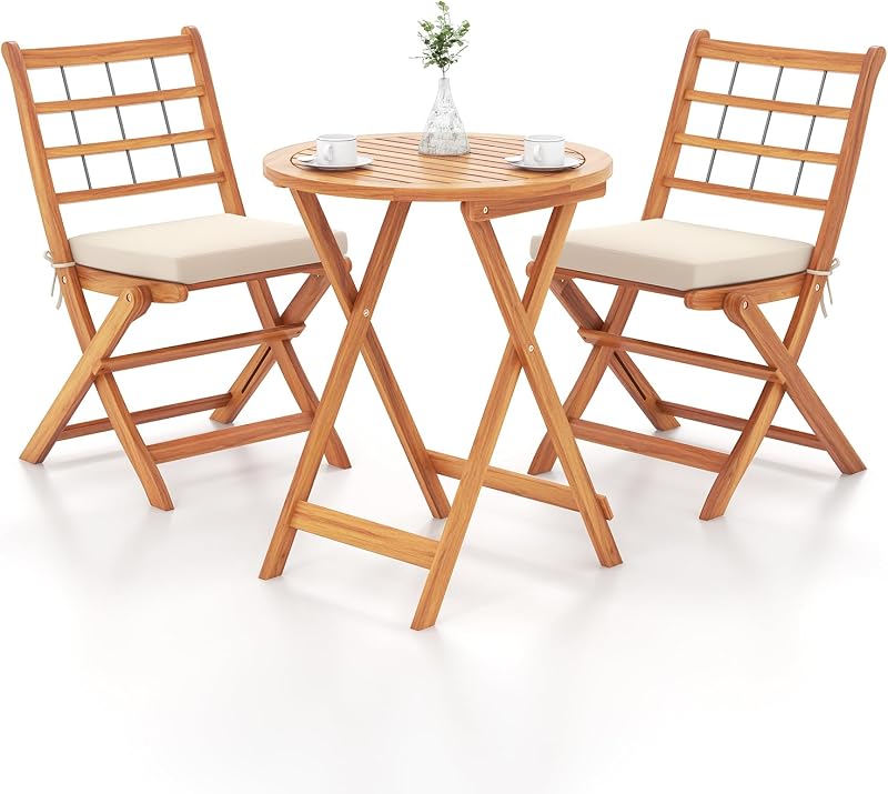 3 Pzas Sillas Plegables Acacia Mesa Patio Trasero Blanco