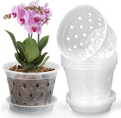 Maceta plástico transparente 5" con platillo set 8