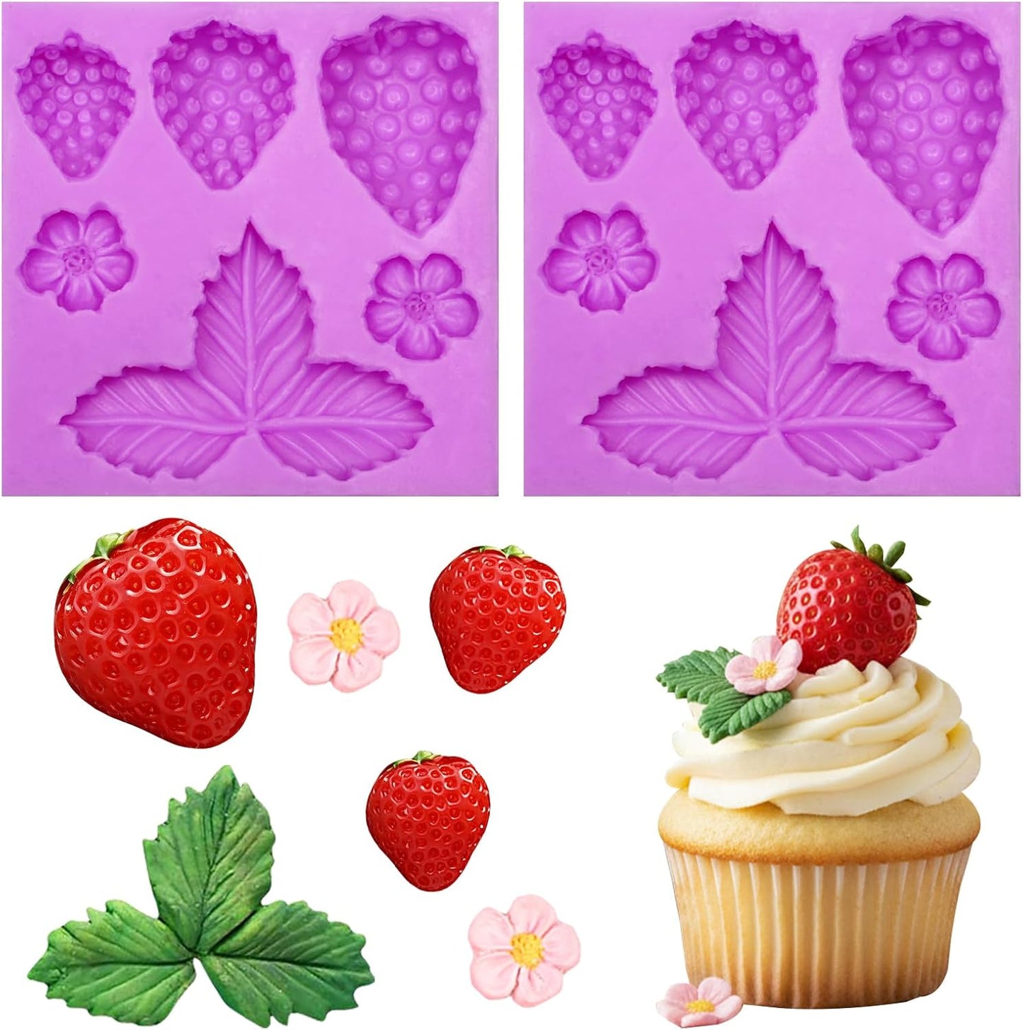 Moldes de silicona para fresas, hojas y flores para fondant de chocolate y decoración de pasteles