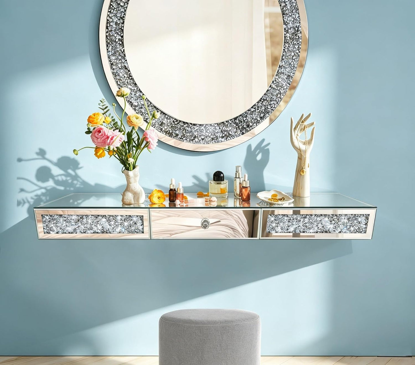 Estante flotante con espejo diamantes cristal cajón 31.5"