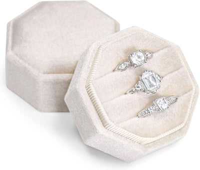 Caja terciopelo 3 ranuras para anillos propuesta boda beige