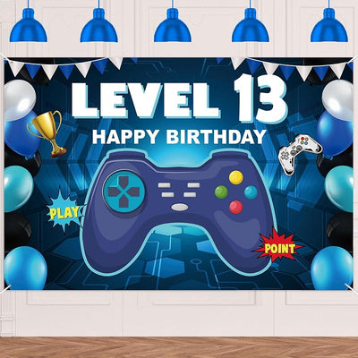 Pancarta Happy 13 Birthday Level Up para niños videojuegos