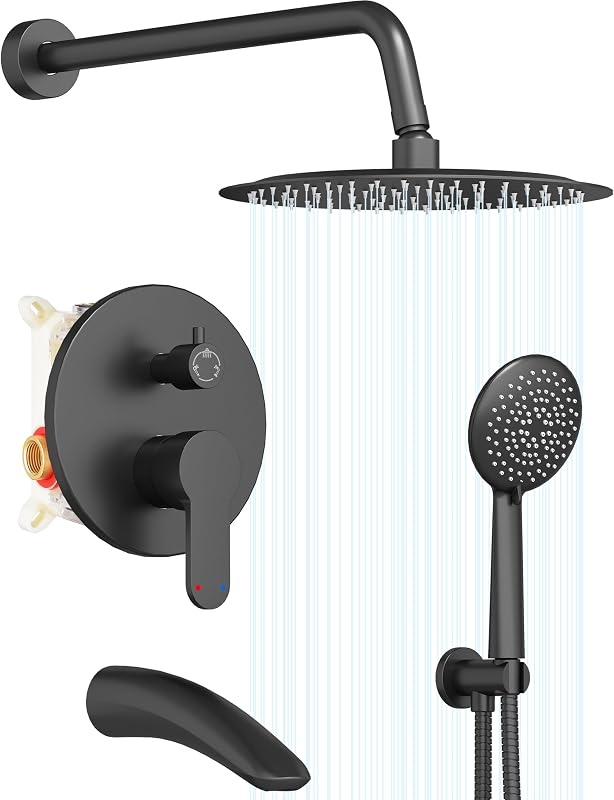 Set grifo ducha bañera 12" lluvia y rociador negro