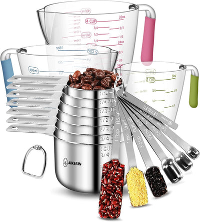 Set 19 Tazas y Cucharas Medidoras Acero Inox Apilables