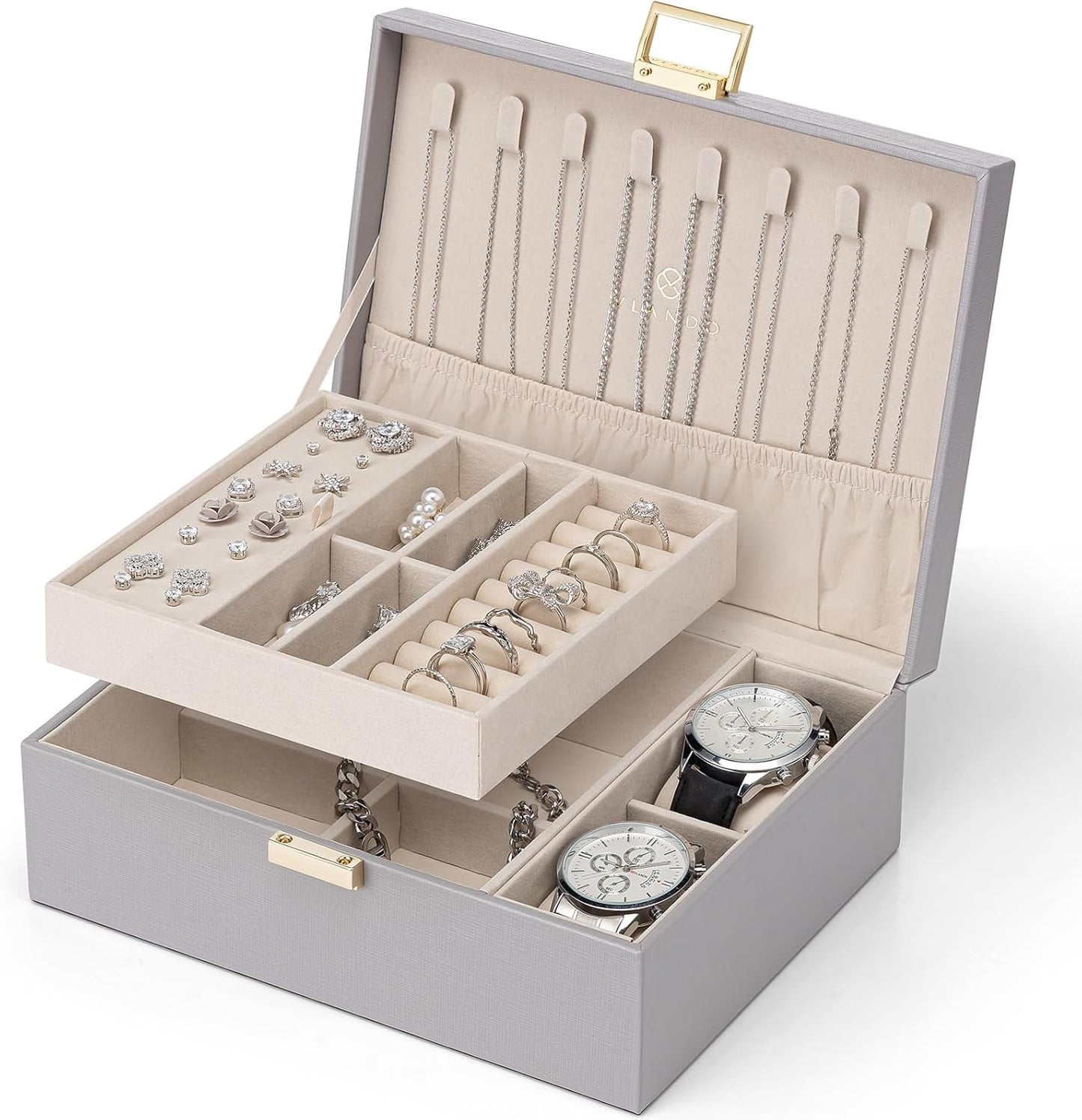 Joyero grande con bandeja extraíble para joyas y relojes mujer