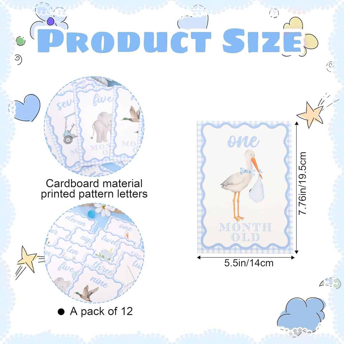 Tarjetas hitos bebé accesorios fotos baby shower azul