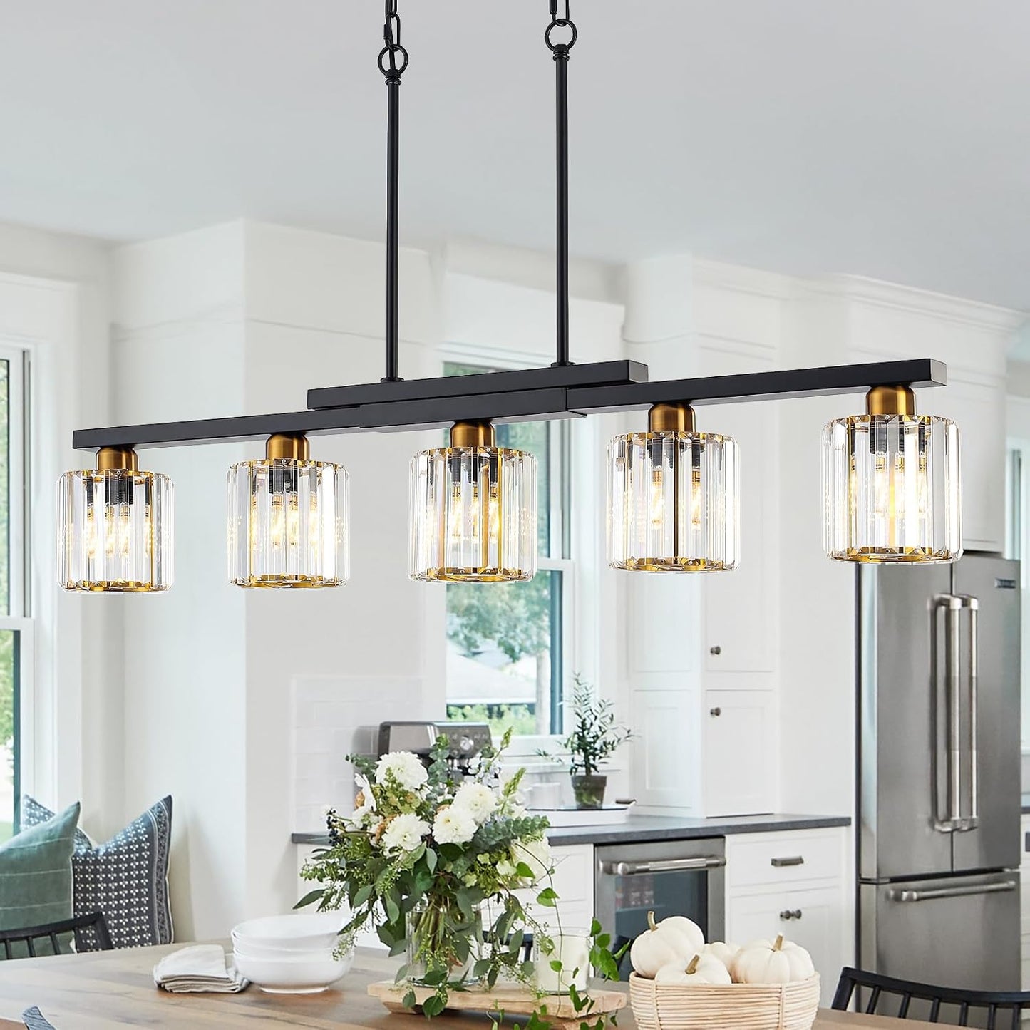 Lámpara isla cocina 5 luces candelabro negro cristal