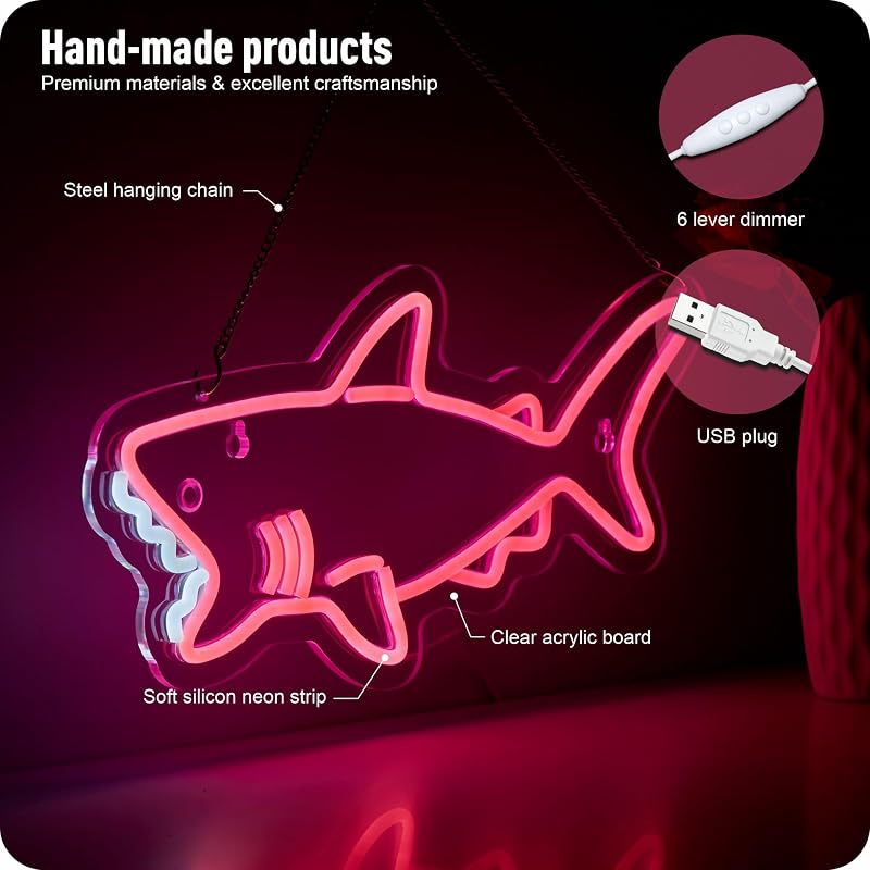 Luz LED tiburón rosa neón para decoración pared