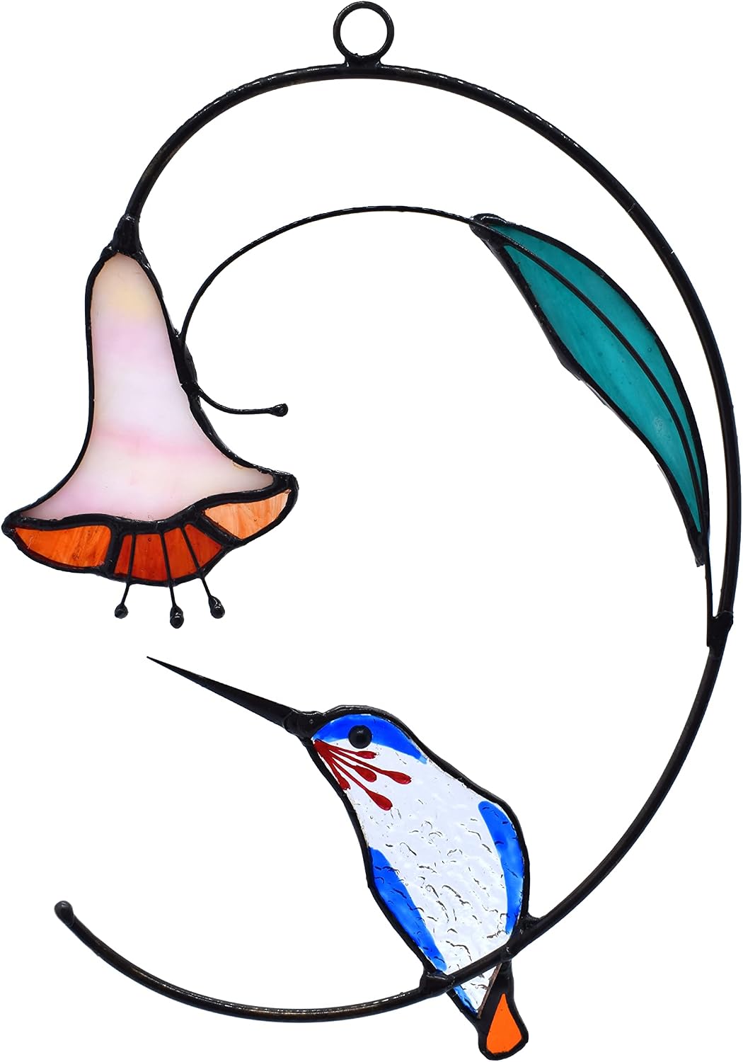 Atrapasoles colibrí con flor vitral para ventana azul