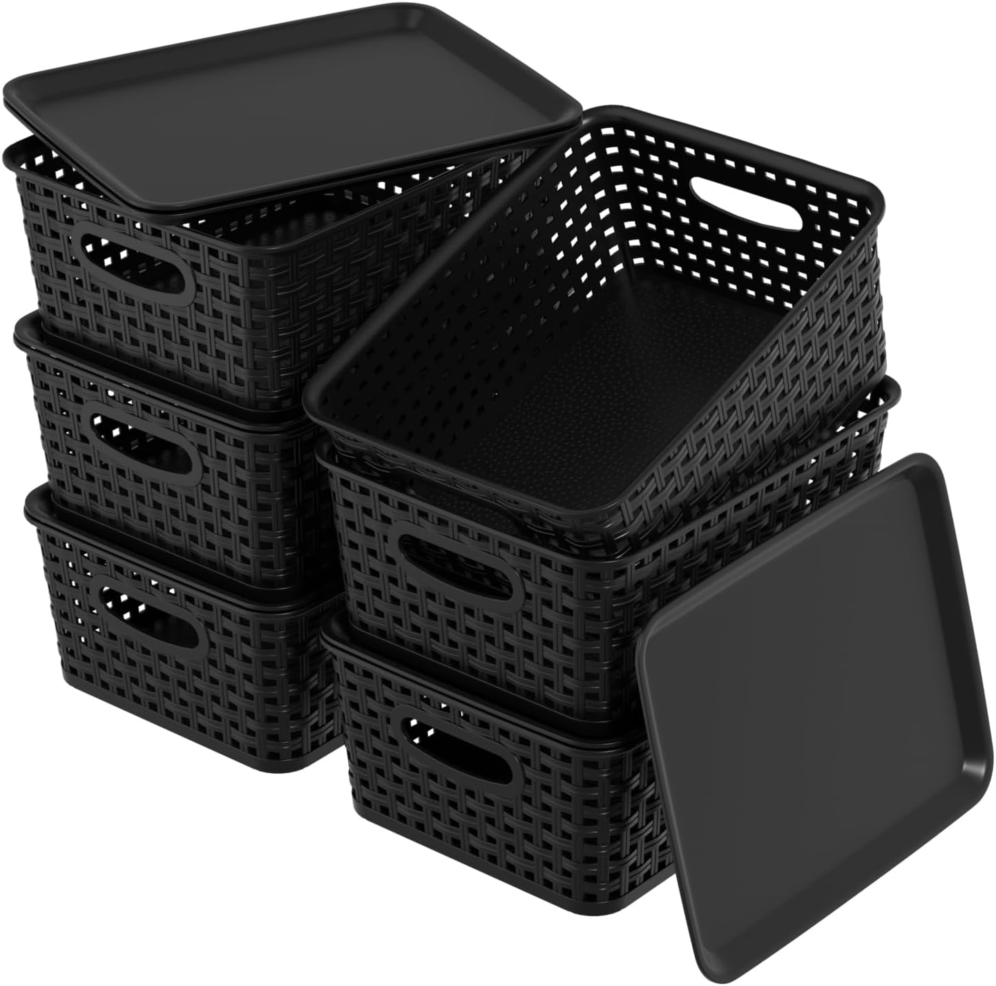 6 Pzas Cestas Plástico con Tapa Apilables Negro