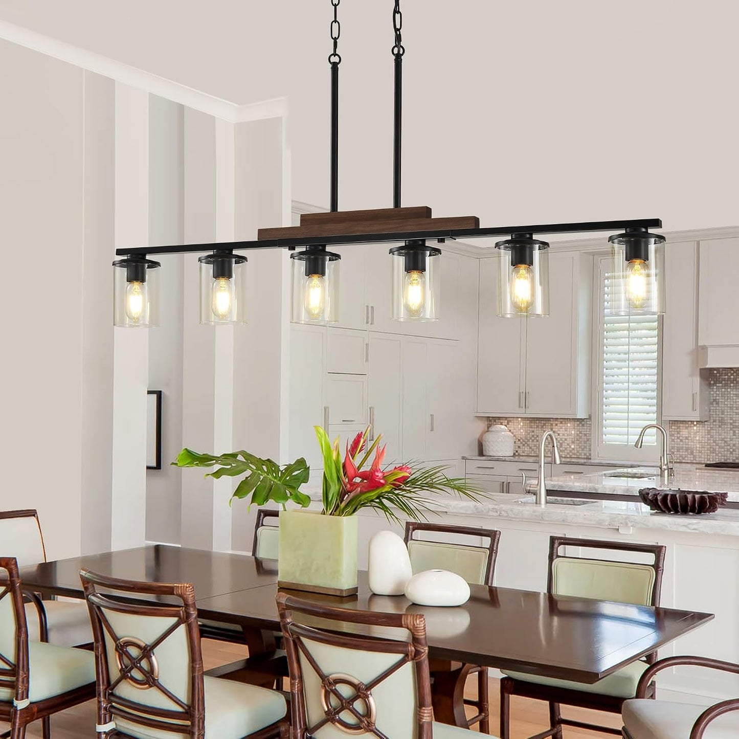 Lámpara comedor 6 luces candelabro negro vidrio madera