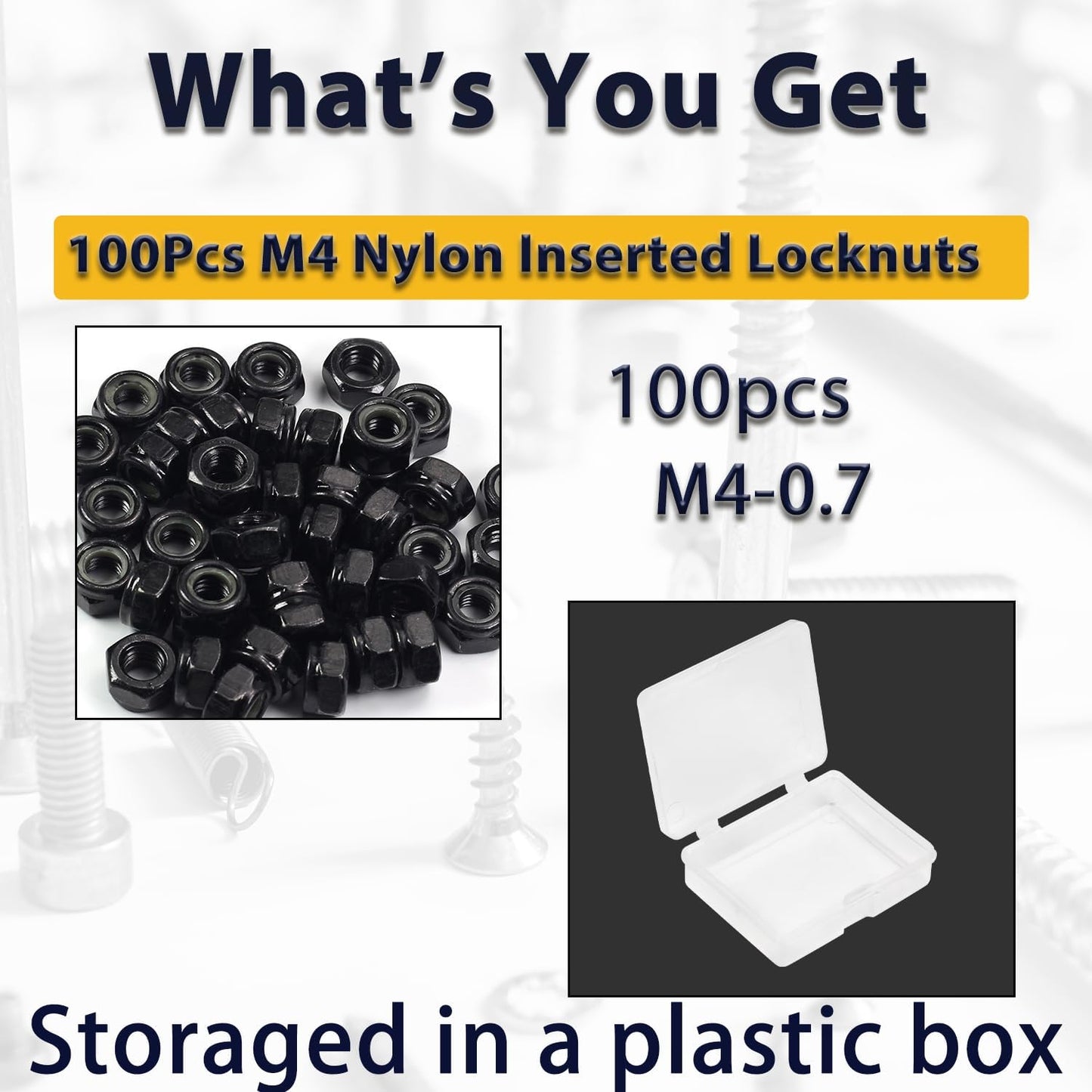 100 Pzas Tuercas Hex M4x0.7mm con Inserto Nylon